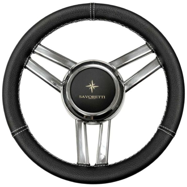 SAVORETTI VOLANTE REVESTIDO EN CUERO NEGRO C/COSTURA BLANCA Ø 35